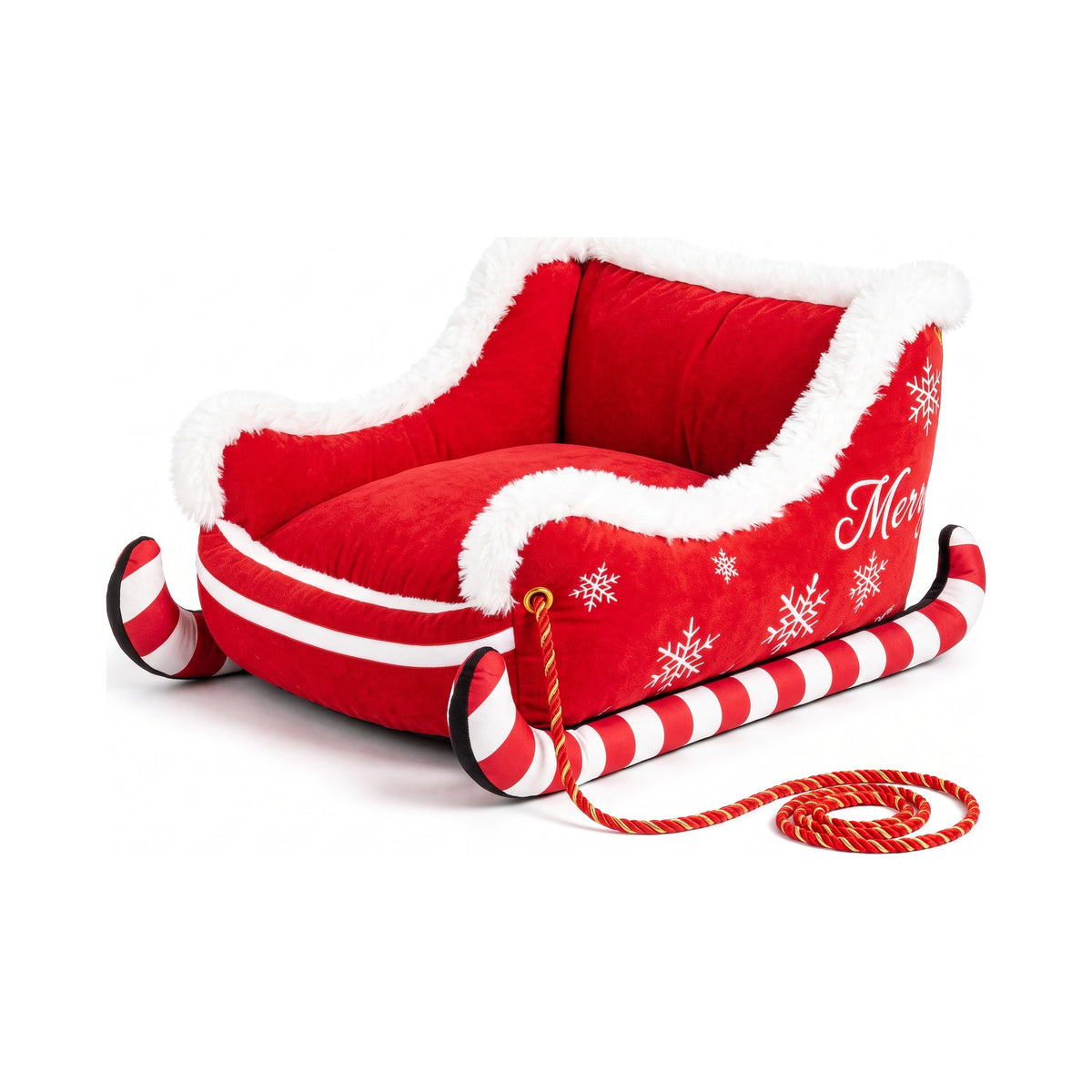 Furlala Candy Cane Sleigh bed in red plush with white fur trim and striped runners