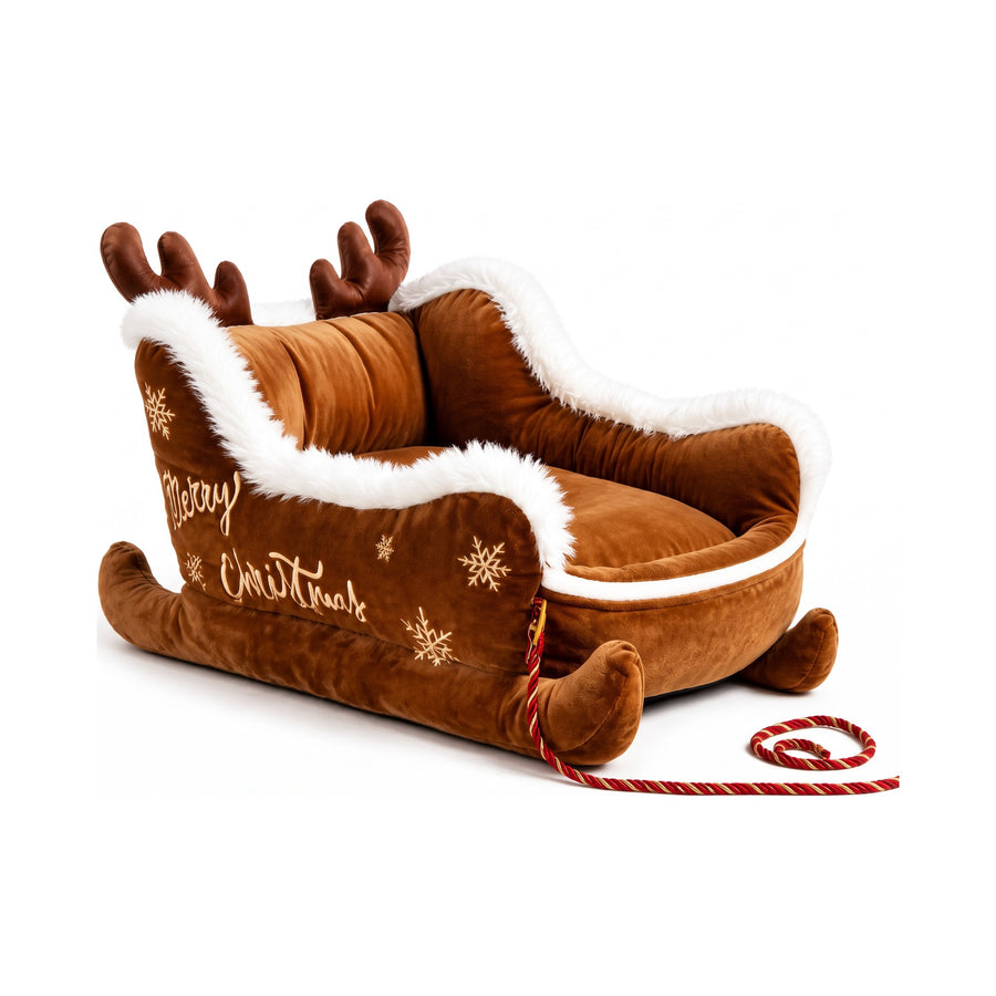 Furlala Cocoa Reindeer Sleigh bed in brown plush with white fur trim and antlers