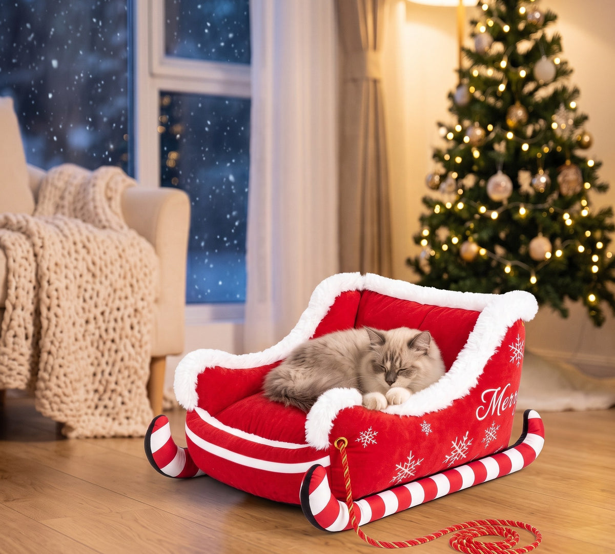 Grey cat asleep in the Candy Cane Sleigh bed by a snowy window
