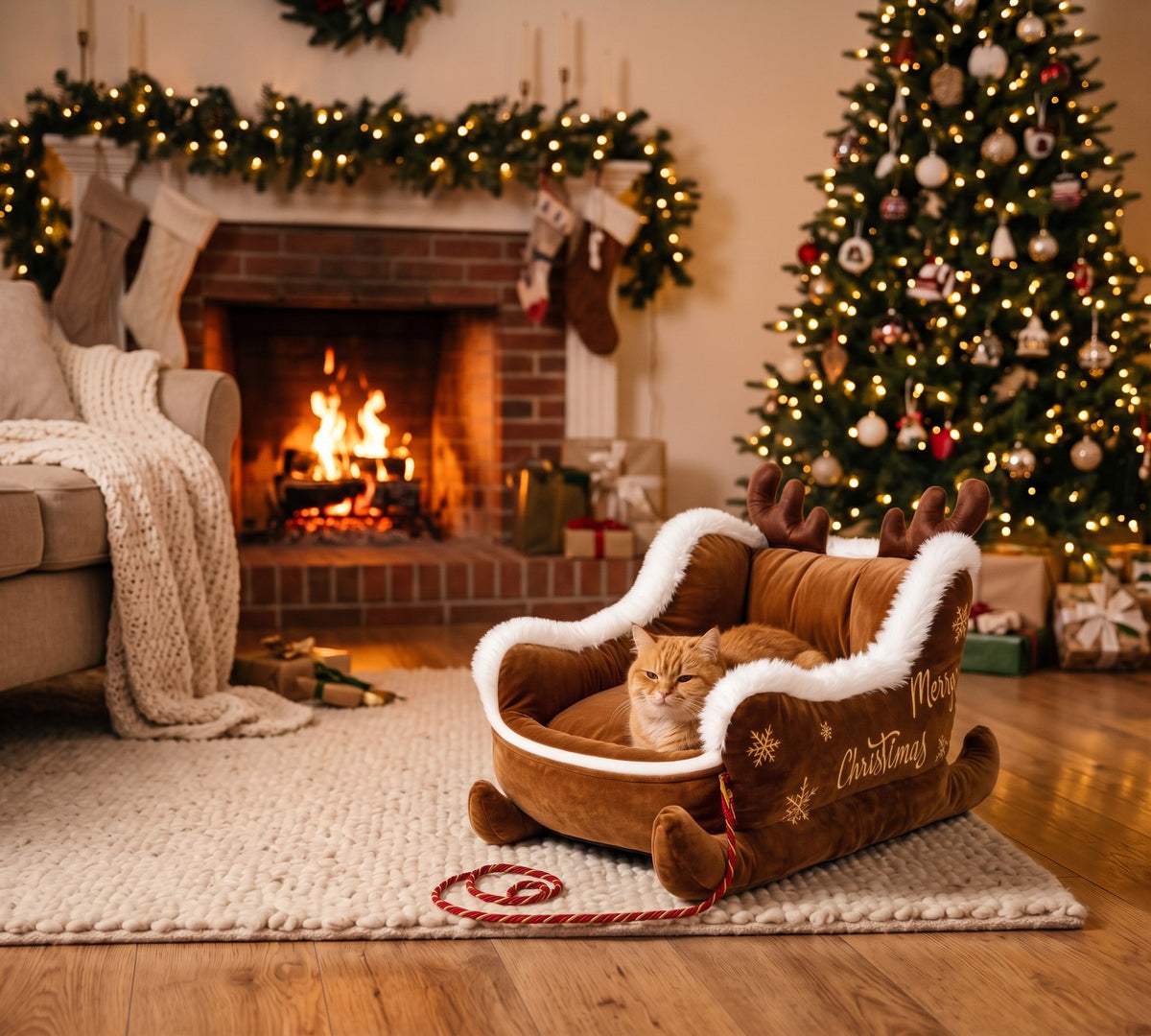 Ginger cat in the Cocoa Reindeer Sleigh bed by a Christmas fireplace