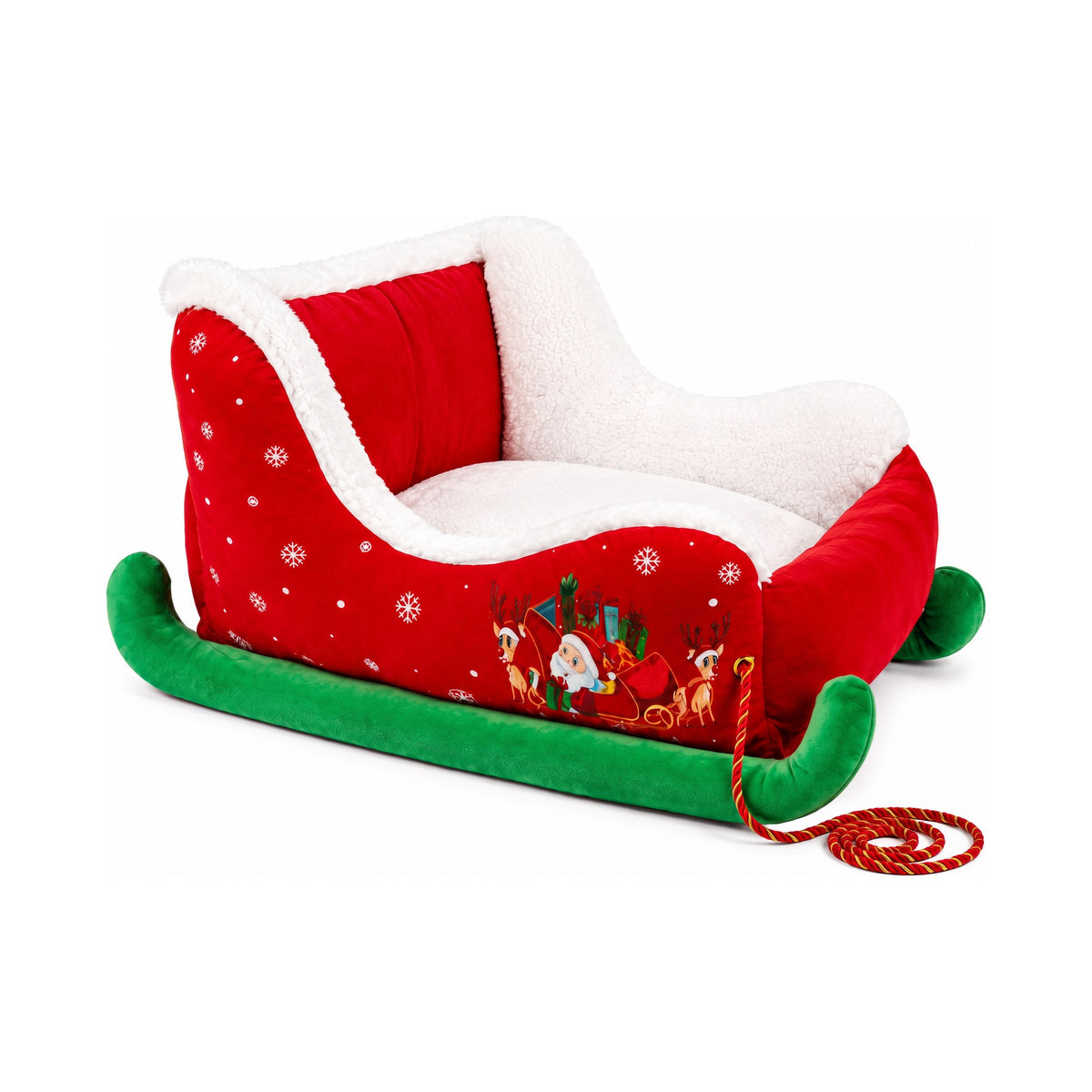 Furlala Mistletoe Sleigh bed in red plush with cream sherpa lining and green runners