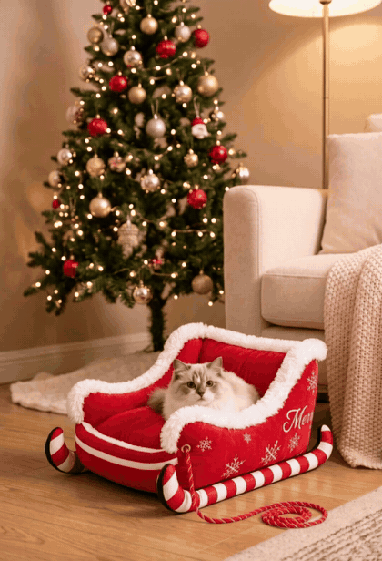 Ragdoll cat in the Candy Cane Sleigh bed