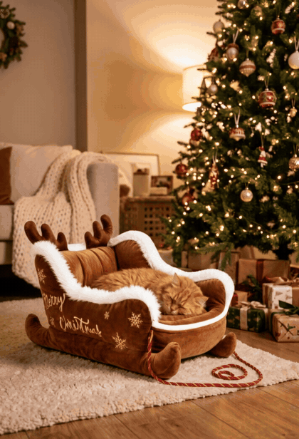 Ginger cat resting in the Cocoa Reindeer Sleigh bed