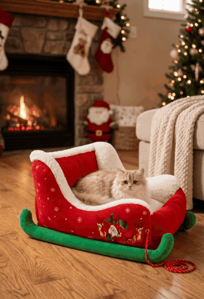 Fluffy cream cat in the Mistletoe Sleigh bed by the fireplace
